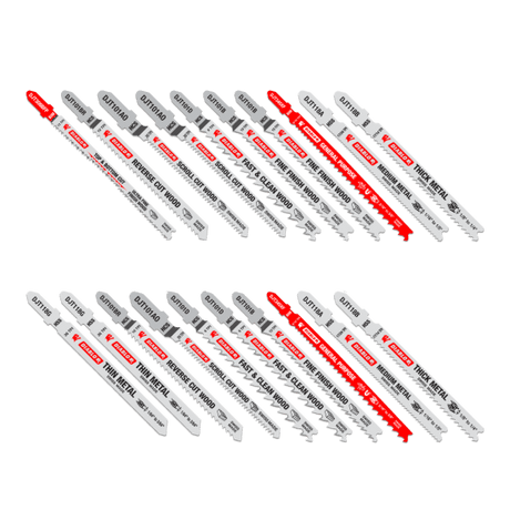 Diablo 20-piece cutting set featuring versatile blades for wood, metal, and plastics, with T-shank design for compatibility.