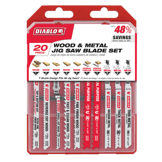 Diablo 20-piece set of high-performance jig saw blades for wood, metal, and plastic cutting, featuring T-shank design.