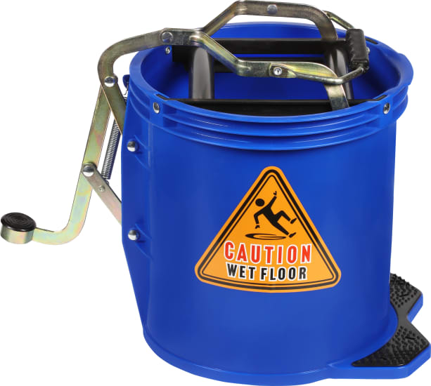 Lightweight 16L blue wringer bucket with foot press, designed for easy floor cleaning and mobility, HACCP approved.