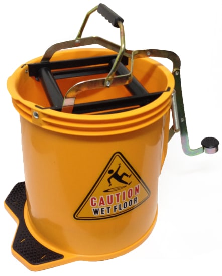 Filta 16L Yellow Wringer Bucket with foot press, ergonomic design, metal castors, and HACCP approval for efficient cleaning.