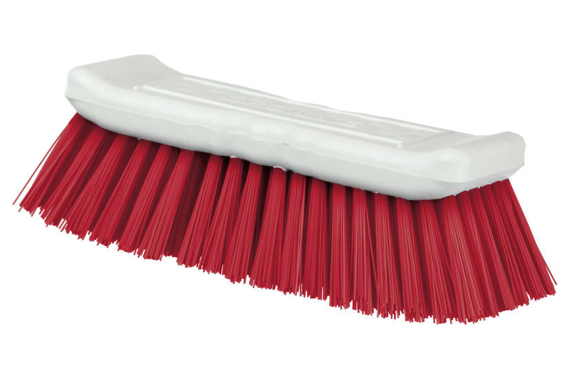 Browns Dairy Scrub Brush in red, 200mm wide, durable plastic and synthetic bristles for effective cleaning in hygiene-sensitive areas.