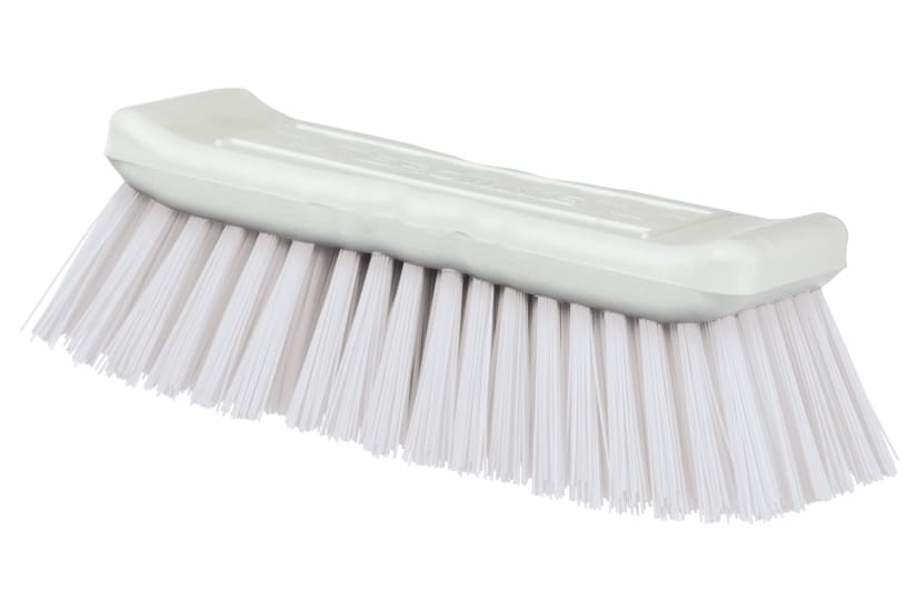 White 200mm Browns Dairy Scrub Brush with ergonomic handle and synthetic bristles for effective cleaning in dairy environments.