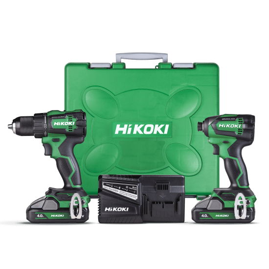 HiKOKI 18V Impact Drill/Driver KC18DE(GBZ) Combo Kit showcasing a drill, driver, batteries, and carry case for versatile projects.