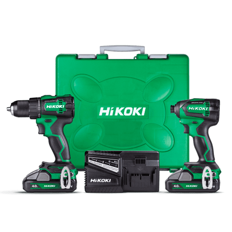 HiKOKI 18V Impact Drill/Driver KC18DE(GBZ) Combo Kit showcasing a drill, driver, batteries, and carry case for versatile projects.