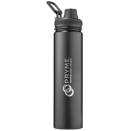 Pryme 750ml stainless steel water bottle with dual cap, double-wall insulation, and ergonomic design for hydration on the go.