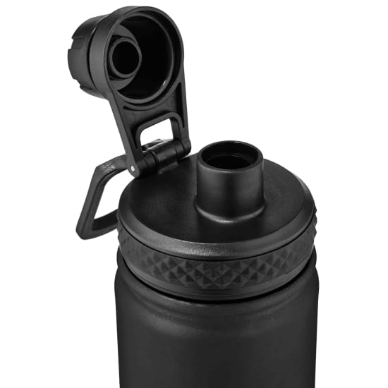 Pryme 750ml stainless steel insulated water bottle with ergonomic design, double-wall insulation, and dual-cap opening for easy hydration.
