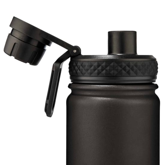 Pryme 750ml stainless steel insulated water bottle with ergonomic design, dual-cap, keeps drinks cold for 24 hrs, hot for 12 hrs.