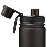 Pryme 750ml stainless steel insulated water bottle with ergonomic design, dual-cap, keeps drinks cold for 24 hrs, hot for 12 hrs.