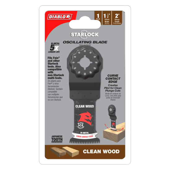 Diablo Starlock Bi-Metal Multi-Tool Blade for wood, 32 x 50mm, features ultra-hardened edge for precision cuts and long life.