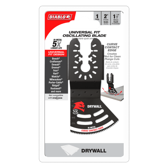 Diablo Bi-Metal Multi-Tool Blade for drywall, 40 x 51mm, featuring ultra-hardened edge and universal fit for oscillating tools.