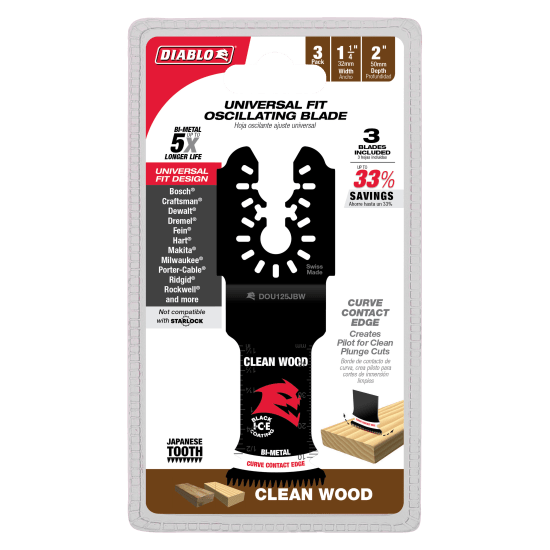 Diablo Bi-Metal Multi-Tool Blades pack of 3, 50x32mm; designed for clean wood with ultra-hardened edge and minimal vibration.