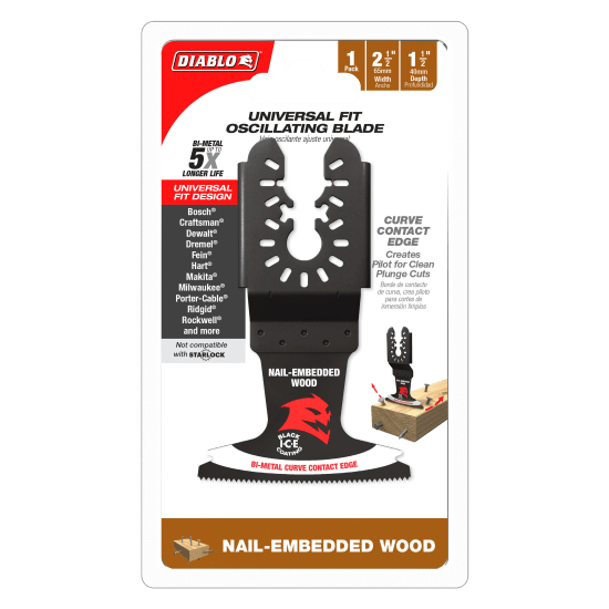 Diablo Bi-Metal Multi-Tool Blade for nail-embedded wood, features ultra-hardened edge for durability and precision plunge cuts.