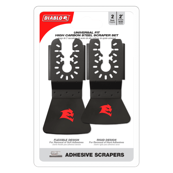 Diablo Universal Fit Multi-Tool Scraper Set featuring two high carbon steel blades for efficient adhesive removal in tight spaces.