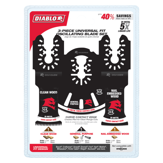 Diablo bi-metal multi-tool blade set of 3, designed for precision cutting in wood, metal, and plastics with extended durability.