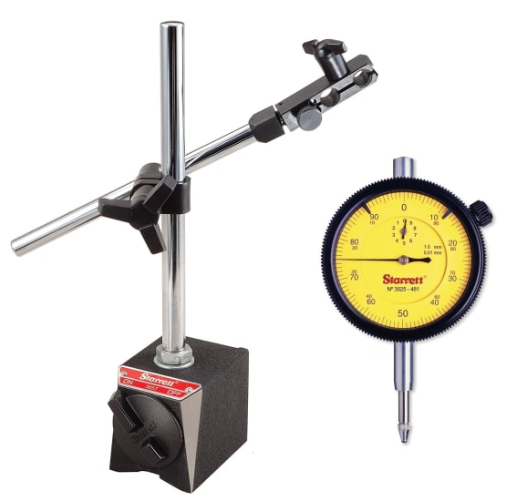 Starrett DTI & Mag Base Combo for precise measurements; features 0-10mm range, 57mm dial face, and strong magnetic hold.