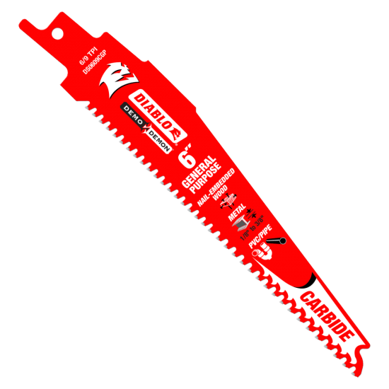 6-inch Diablo Demo Demon carbide blade with variable teeth design for efficient wood and metal cutting, featuring a durable non-stick coating.