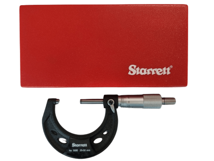 Starrett Outside Micrometer 25-50mm, featuring 0.01mm graduation, ergonomic design, and durable steel frame for precise measurements.