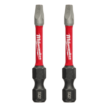 Milwaukee Shockwave #2 square recess power bits, 50mm, pack of 2, engineered for durability and precision with wear guard tip.