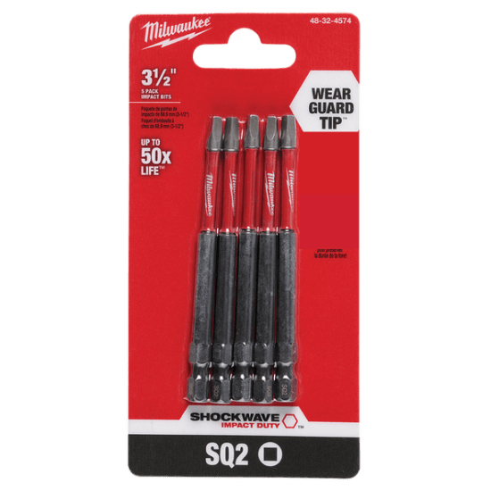 Milwaukee Shockwave Power Bit Square Recess #2, 89mm, Pack of 5, features durable, wear-resistant design for impact drivers.