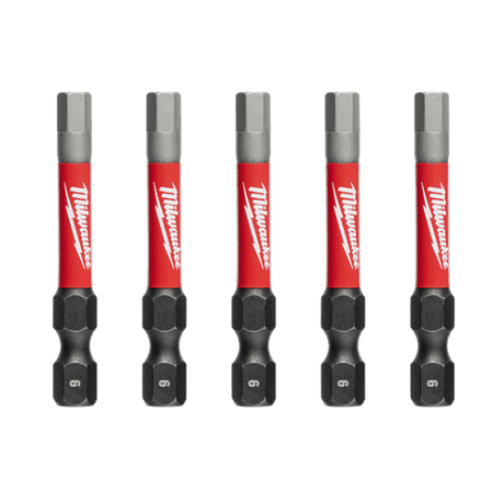 Pack of 5 Milwaukee Shockwave Hex power bits, 6mm x 50mm, featuring enhanced durability and precision for impact and drill drivers.