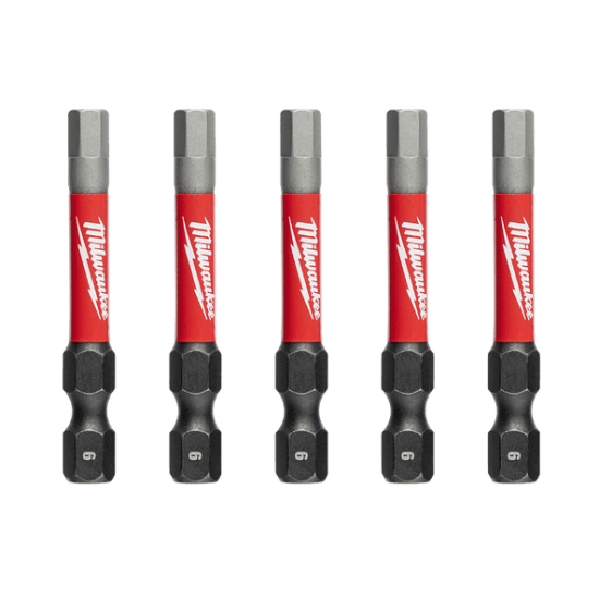 Pack of 5 Milwaukee Shockwave Hex power bits, 6mm x 50mm, featuring enhanced durability and precision for impact and drill drivers.