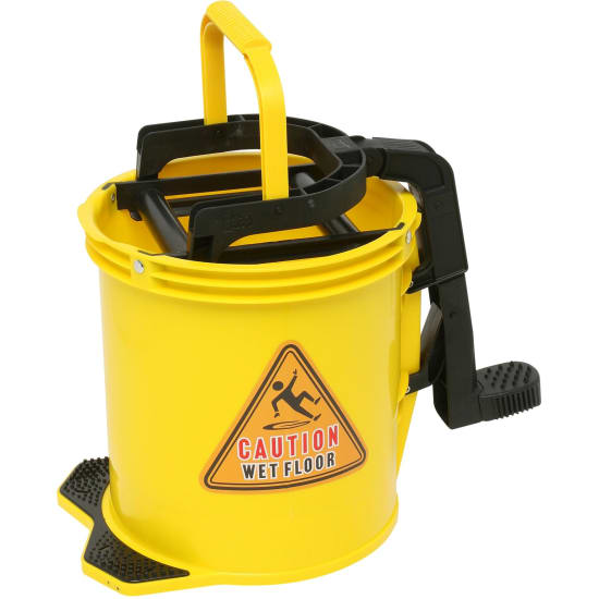 EDCO Enduro Nylon Wringer Bucket in yellow, 16L capacity, designed for efficient cleaning with ergonomic wringer and anti-corrosive mechanism.