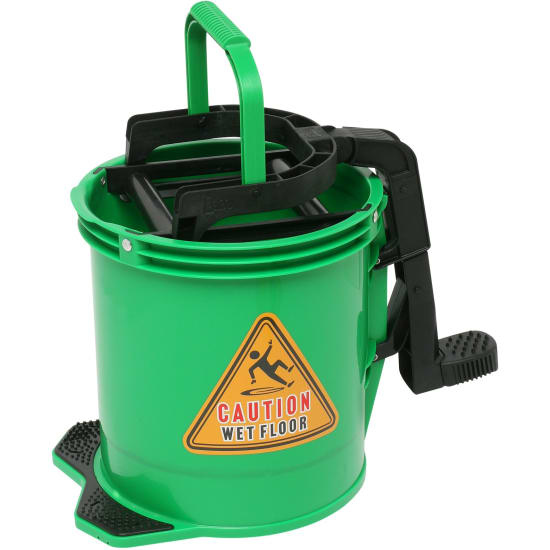 Heavy-duty green wringer bucket with durable nylon mechanism, non-slip foot pedal, and ergonomic wringer action for efficient cleaning.