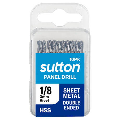 Pack of 10 1/8" HSS panel drills with self-centering points, designed for precise shallow hole drilling in metal.