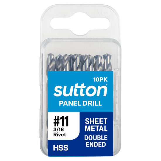 High-speed steel panel drill set of 10, 4.9mm, ideal for precise rivet holes in flat and curved panels, featuring self-centering points.