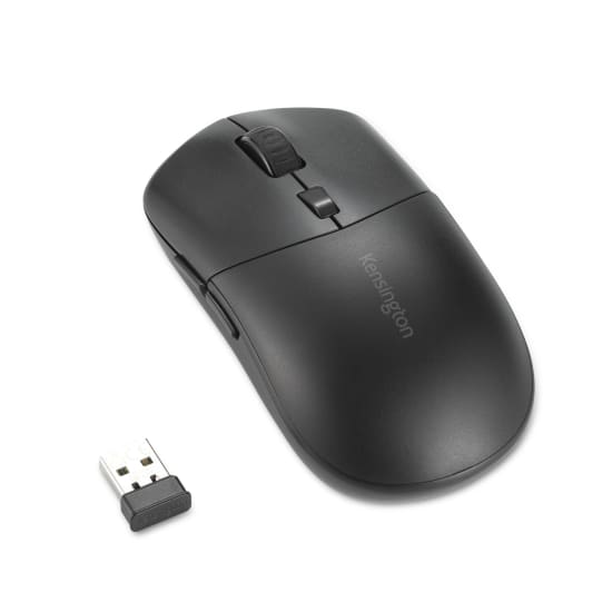 Kensington Rechargeable Wireless Mouse connecting three devices, featuring USB-C charging and versatile DPI settings for precision.