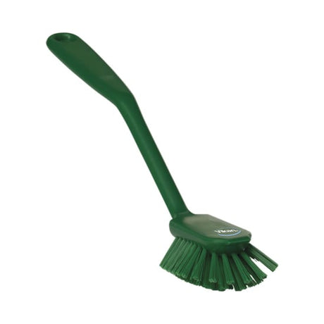 Vikan Heavy Duty Brush Green 280mm with angled bristles and scraper tip for efficient cleaning in tight spaces.