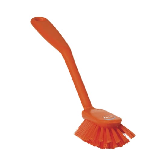 Ergonomic orange brush with angled bristles and scraper, designed for thorough cleaning in various settings.