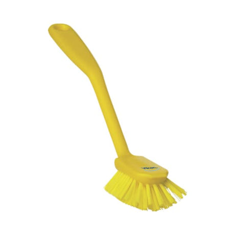 Vikan Heavy Duty Yellow Brush 280mm with angled bristle head and scraper, designed for efficient cleaning in tight spaces.