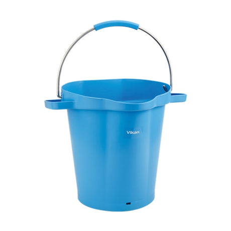 Vikan Heavy Duty Blue Bucket 20L, robust for mixing and storage, features ergonomic handles and precise bevelled measurements.