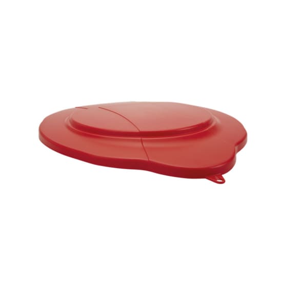 Red Vikan bucket lid for 20L buckets, designed to prevent spills, contamination, and allows stacking for efficient storage.