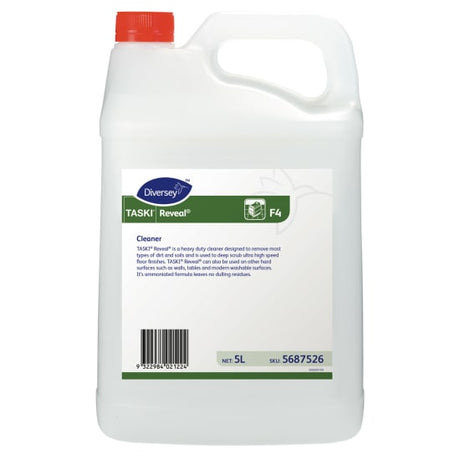 Reveal Heavy Duty Floor Cleaner 5L bottle designed for tough dirt removal on various surfaces without dulling finishes.