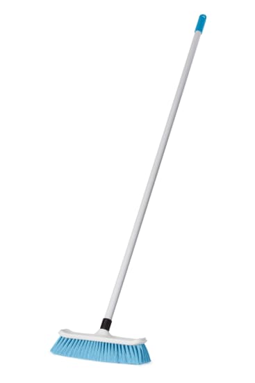 Blue 300mm hygiene broom with soft bristles and 1.3m fiberglass handle, ideal for effective cleaning at home or office.