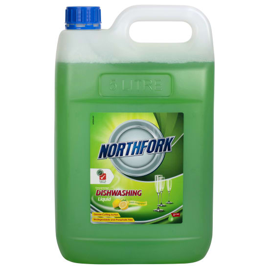 Eco-friendly Northfork GECA Dishwashing Liquid 5L, powerful clean, biodegradable, phosphate-free, gentle on hands.