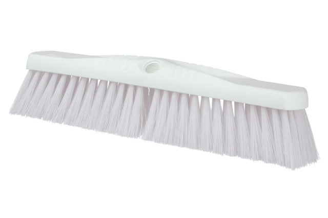 White 450mm Browns Hygiene Platform Broom Head with synthetic bristles for efficient cleaning, ideal for commercial and residential use.