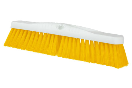 Vibrant yellow 450mm broom head with durable synthetic bristles, ideal for effective cleaning in hygiene-sensitive areas.