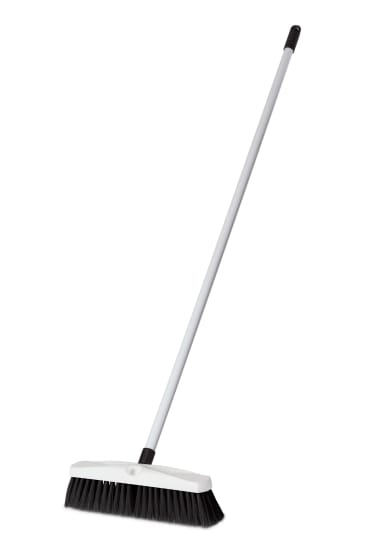 Hygiene Platform Broom in black with 355mm head, fibreglass handle, and synthetic bristles for professional cleaning.