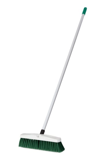 Vibrant green 355mm Hygiene Platform Broom with durable fiberglass handle for effective cleaning and hygiene maintenance.