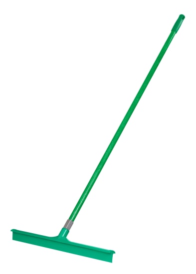 Browns 60cm green floor squeegee with a fiberglass handle, designed for efficient cleaning and hygiene in commercial settings.