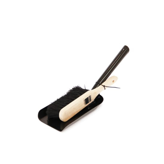 Browns Fireside Shovel & Hearth Brush Set featuring a sturdy black metal pan and coco fiber brush for efficient fireplace cleaning.