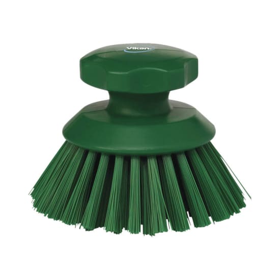 Vikan Round Hand Scrub Brush in green, 130mm, features a raised grip for safe, efficient cleaning in tight spaces.