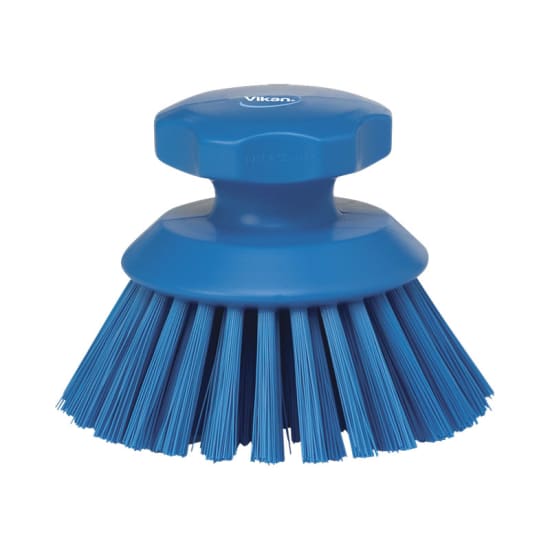 Vikan Round Hand Scrub Brush in blue, 130mm, features ergonomic grip and angled bristles for efficient cleaning in tight spaces.