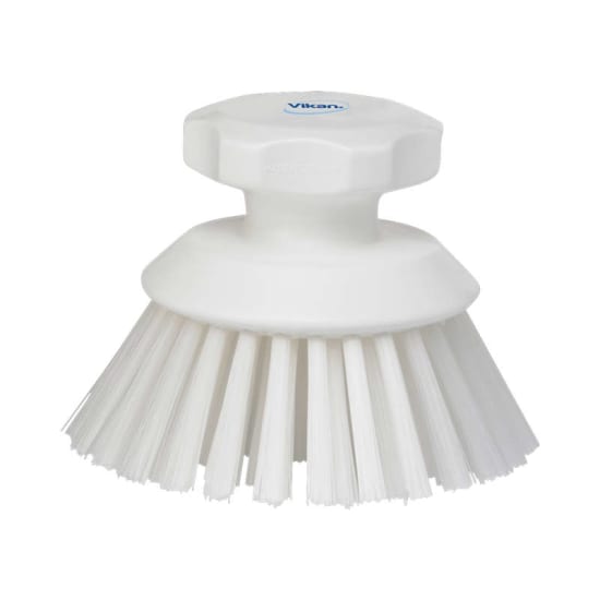 Vikan Round Hand Scrub Brush in white, 130mm, featuring raised grip and angled bristles for effective cleaning in tight spaces.