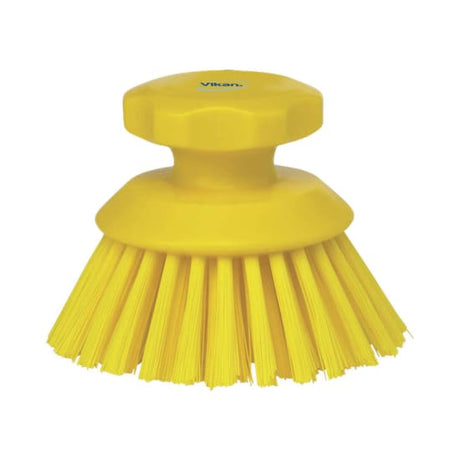 Vikan Round Hand Scrub Brush in yellow, 130mm, designed for ergonomic grip and effective cleaning of corners and containers.