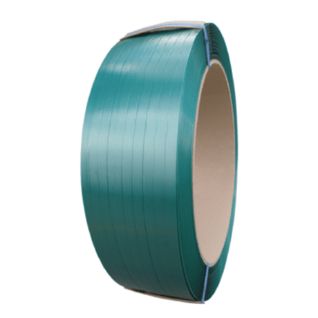 Embossed green Fromm PET strapping roll, 16mm x 1mm, 1100m, eco-friendly, high strength, and safer than steel for load security.