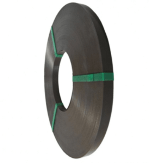 Steel strap roll in black, 16mm wide, 0.46mm thick, 14kg, designed for durability in light to medium-duty applications.